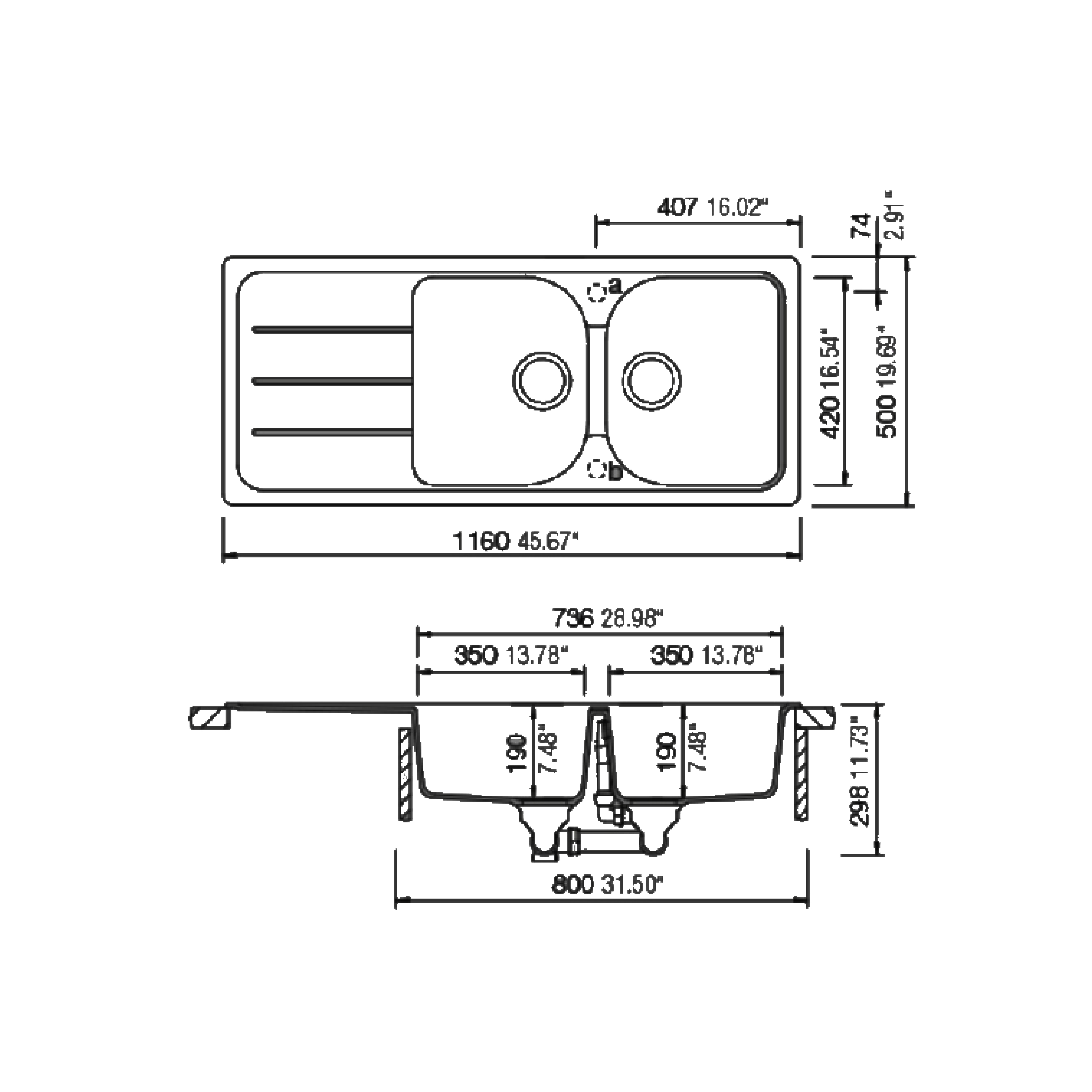 Schock 116 cm Double Bowl Undermount Sink FORMHAUS D200 1160x500 FORMHAUSD200W - view 2
